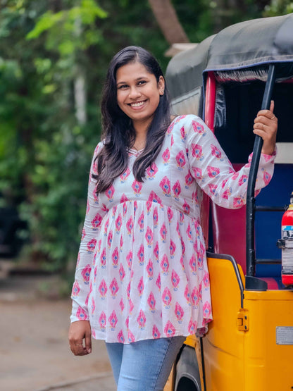 Pink Petals – Feeding Friendly Maternity Short Kurti