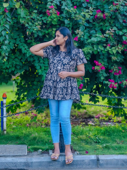 Heritage Black – Kalamkari Feeding Friendly Maternity Short Kurti