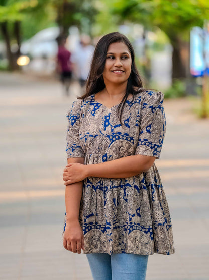 Indigo Classic – Kalamkari Feeding Friendly Maternity Short Kurti