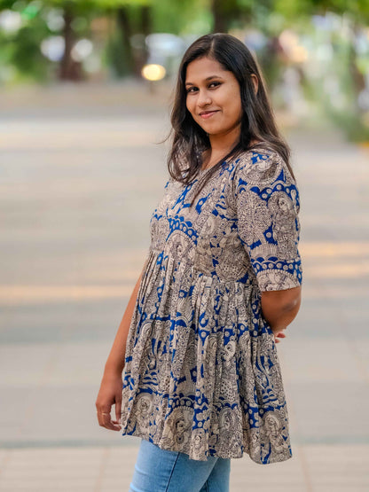 Indigo Classic – Kalamkari Feeding Friendly Maternity Short Kurti